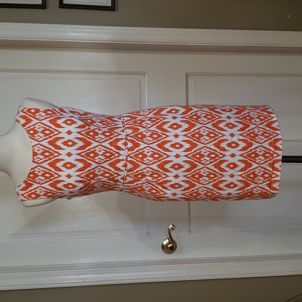 Nine West Orange and White Ikat Print Sleeveless Sheath Dress, Size 6